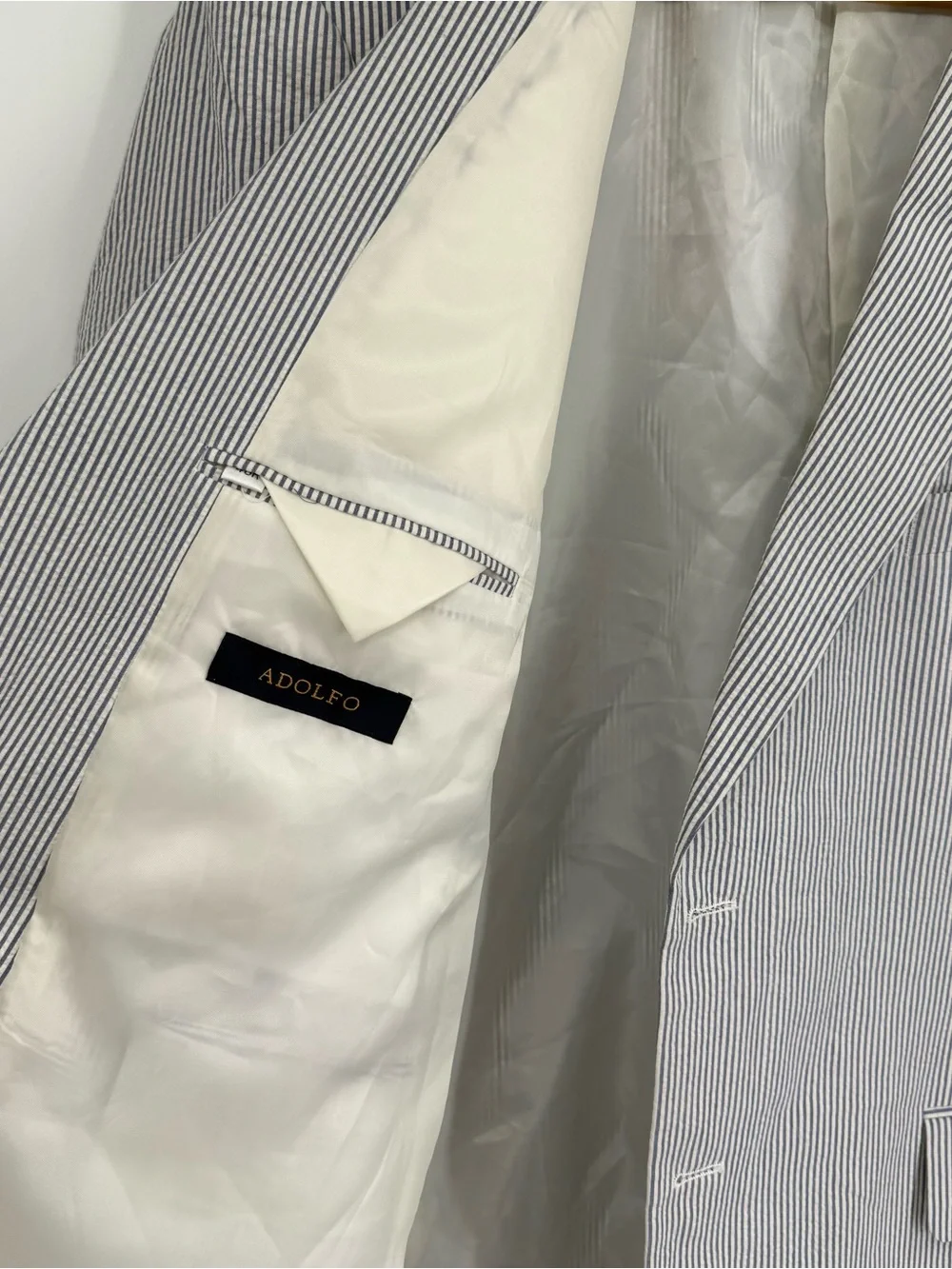 Adolfo Summer Sport Coat Blazer Mens Seersucker Blue Stripe Size 46R Lined
